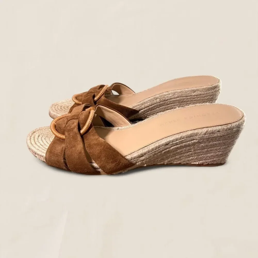 Veronica Beard Ivy Espadrille Wedge Sandal cognac suede raffia buckle size 11